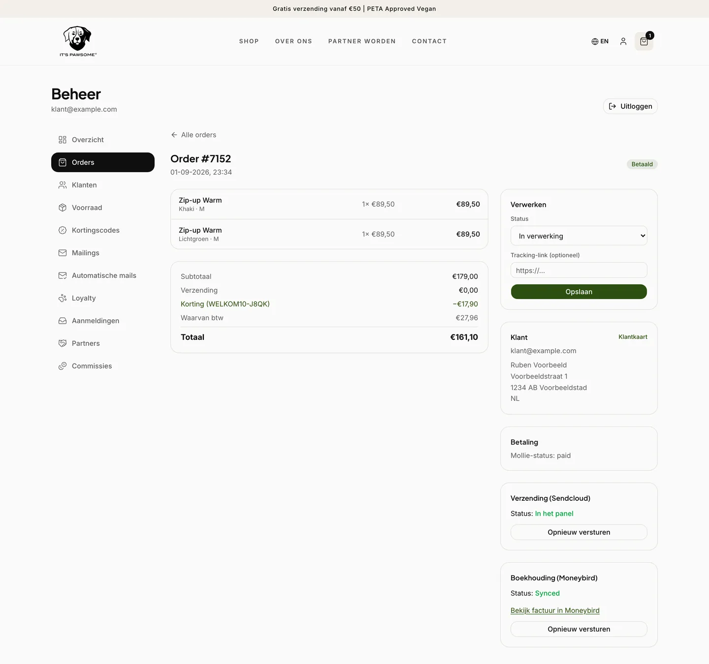Order detail in the admin showing the status of the payment, bookkeeping and shipping links