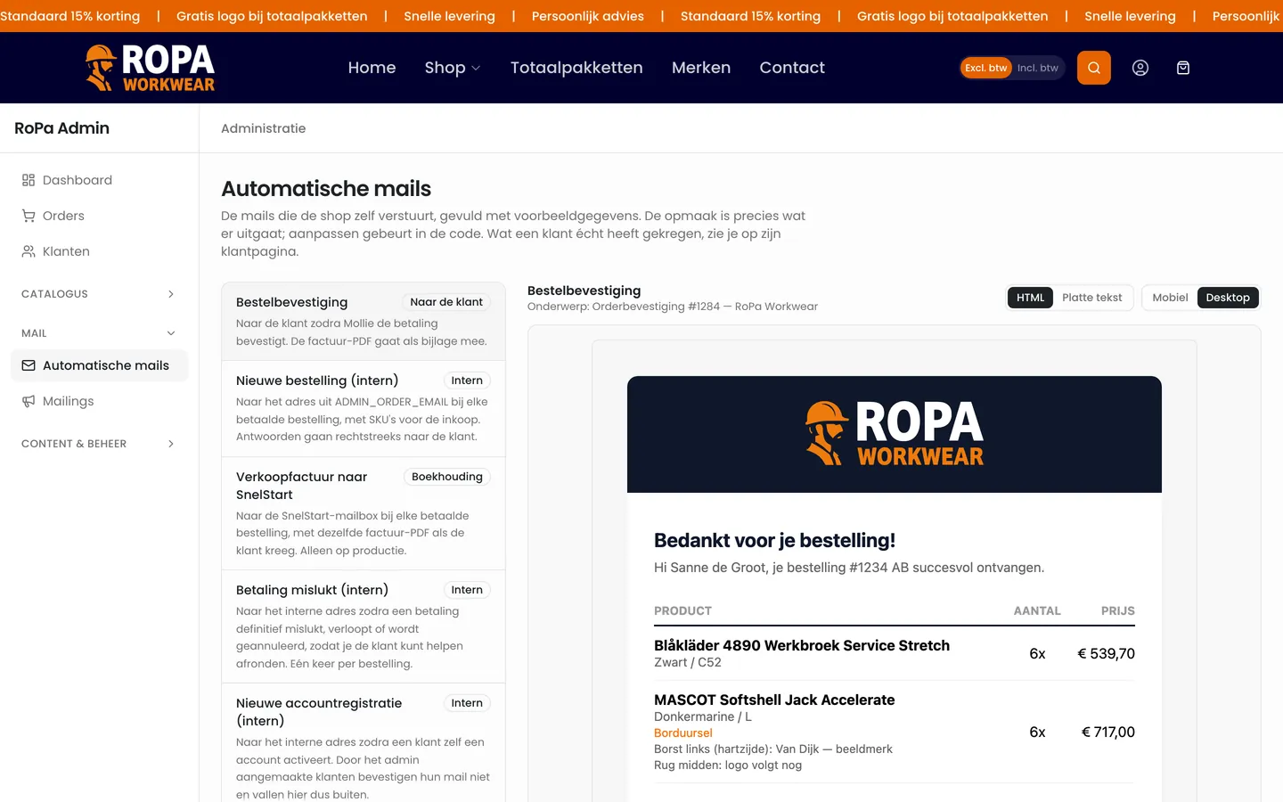 Overzicht van alle automatische mails met een preview ernaast