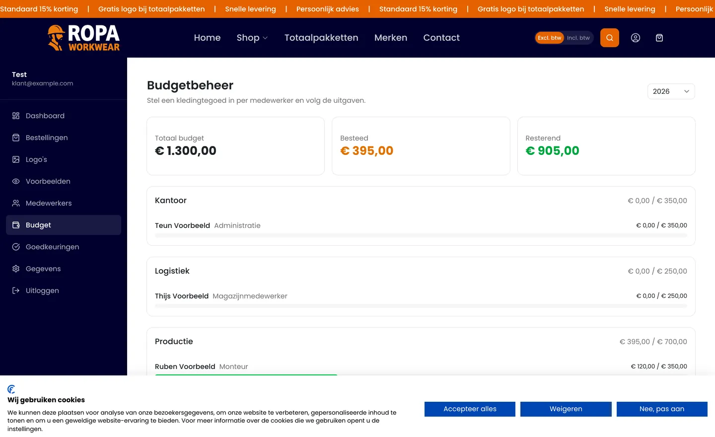 Kledingbudget per medewerker in het beheer van RoPa Workwear