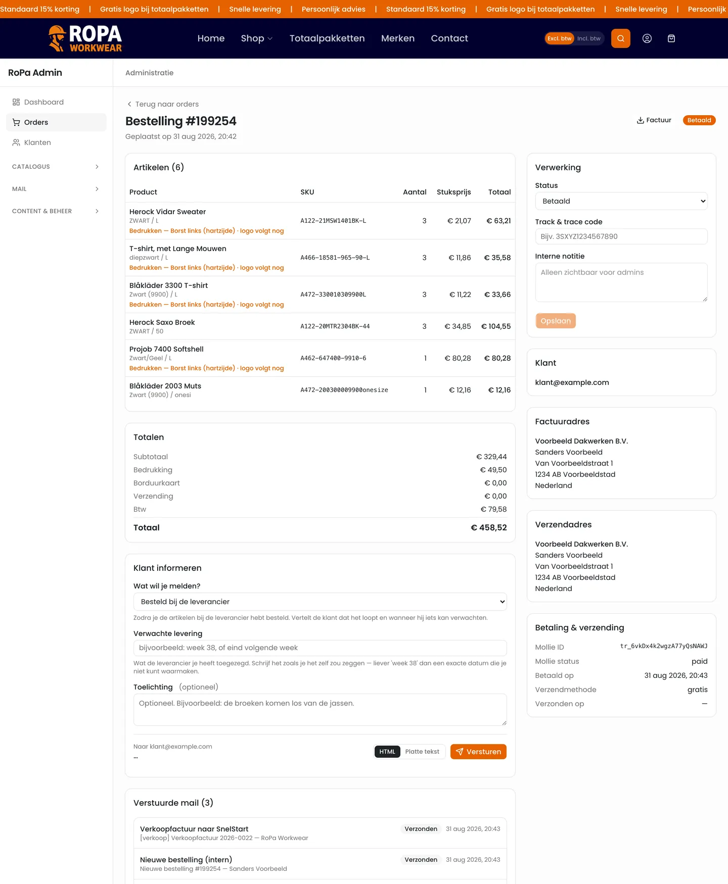 Orderdetail in het beheer met de statusupdates onder Klant informeren