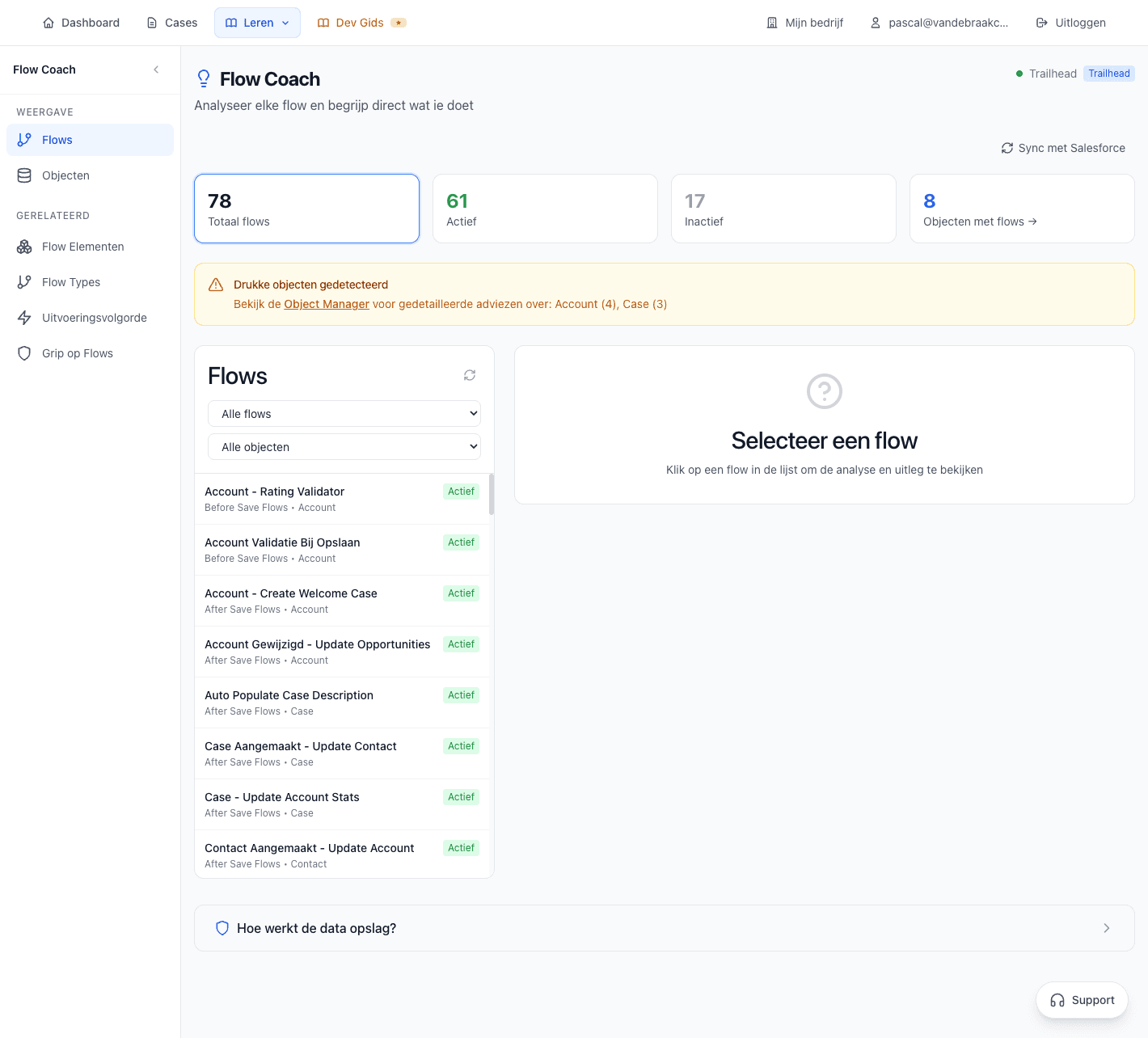 Flow Coach overzicht met 78 flows uit een Salesforce org