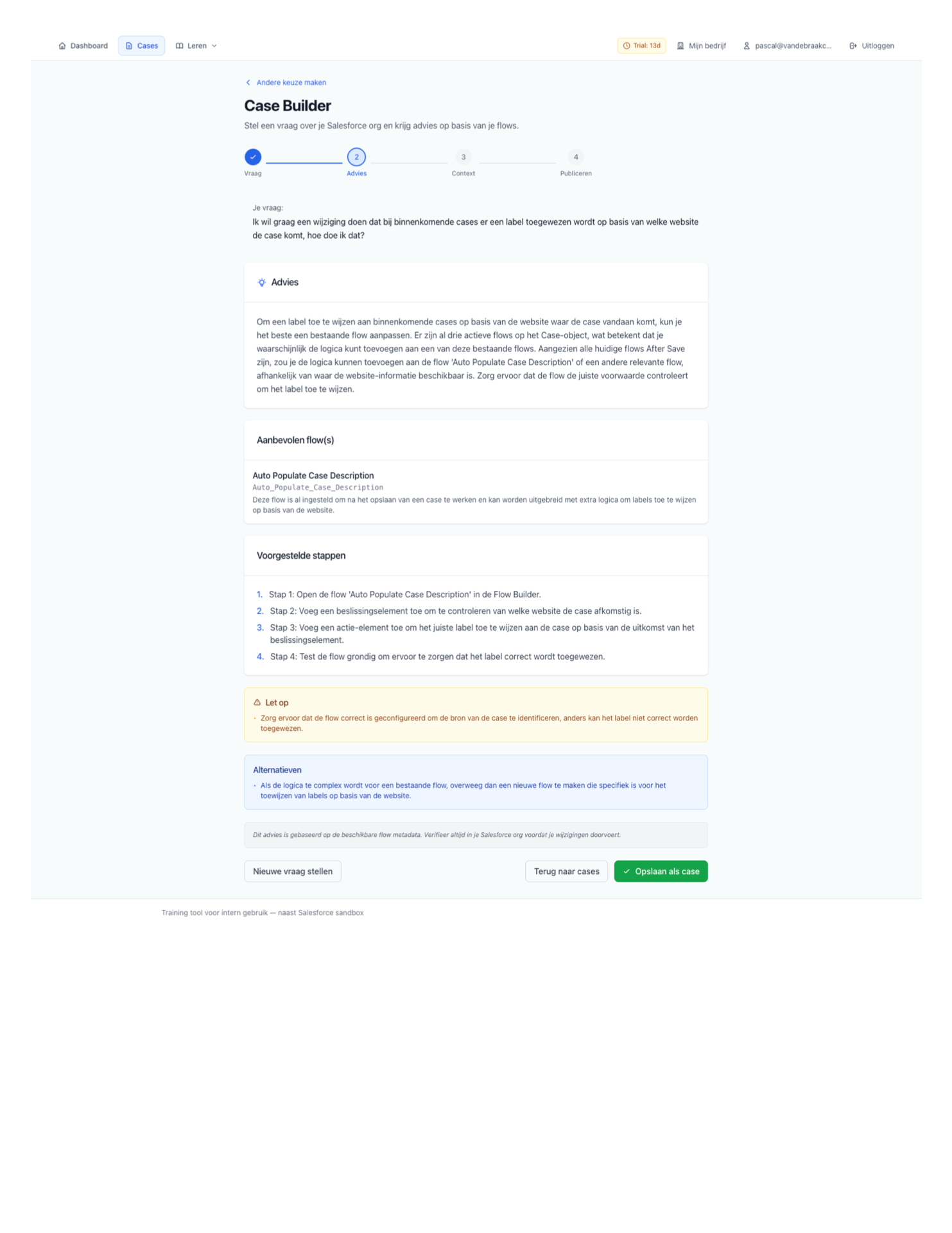 Case Builder stap 2 - AI advies met aanbevolen flows