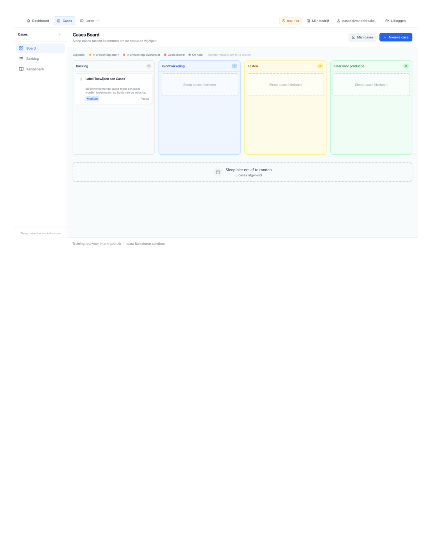 Cases Board - kanban overzicht met status kolommen