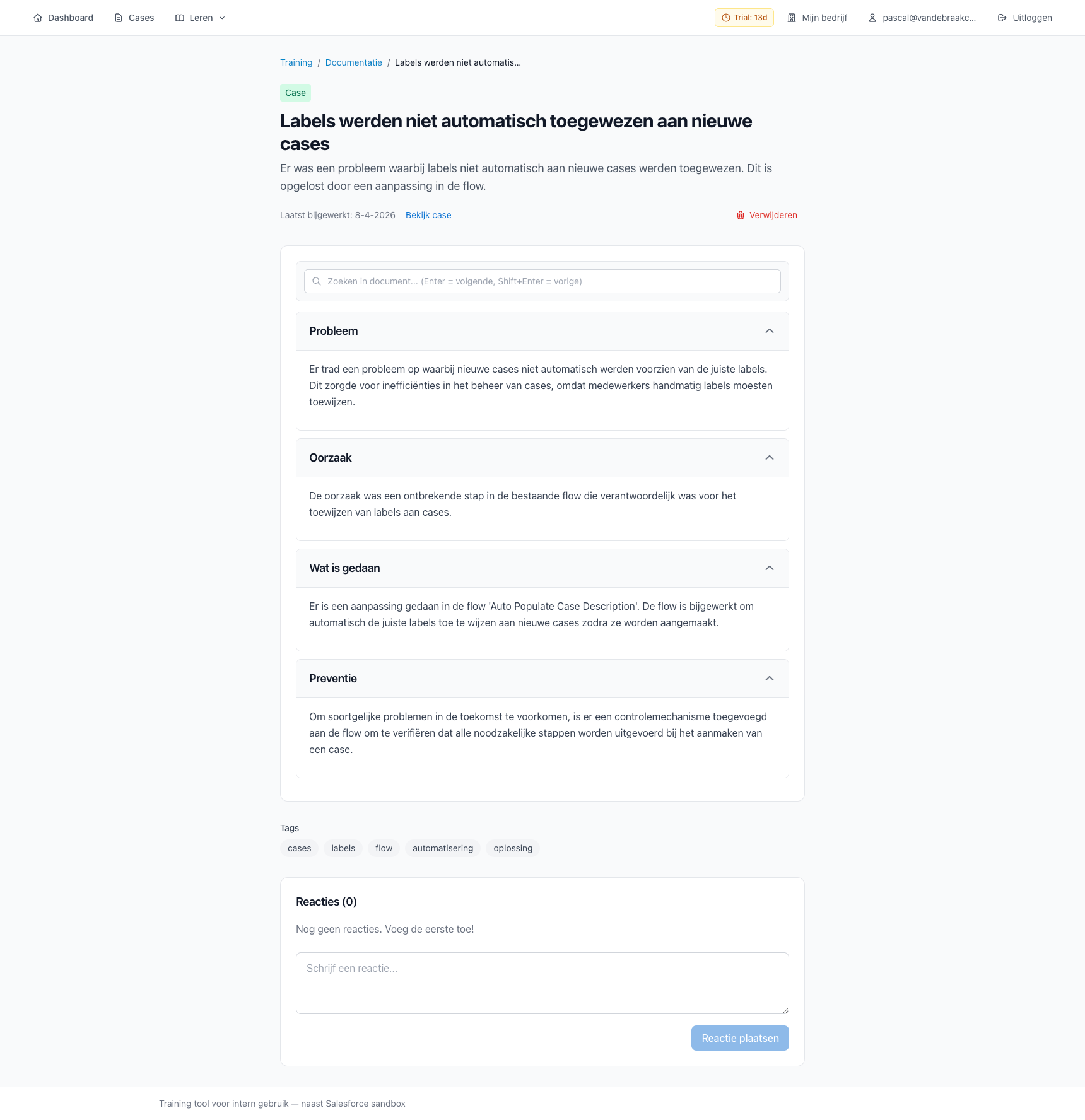 Gegenereerde documentatie met probleem, oorzaak en oplossing